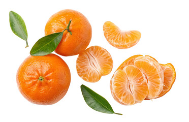 Fresh juicy tangerines with vibrant green leaves and sliced segments on white background surface