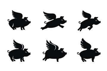 set of Flying Pig icon silhouette vector illustration