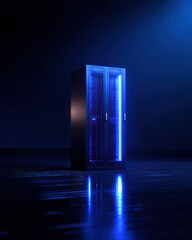 A glowing server rack stands in a dark room