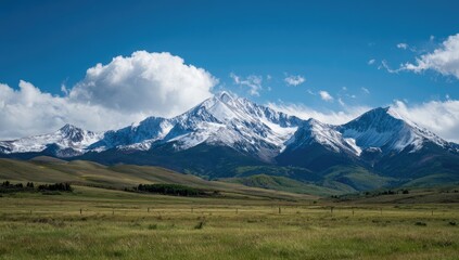 Snowy peaks over a grassy plain