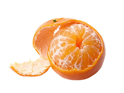 Freshly peeled juicy orange citrus fruit isolated on white background for healthy snack concept