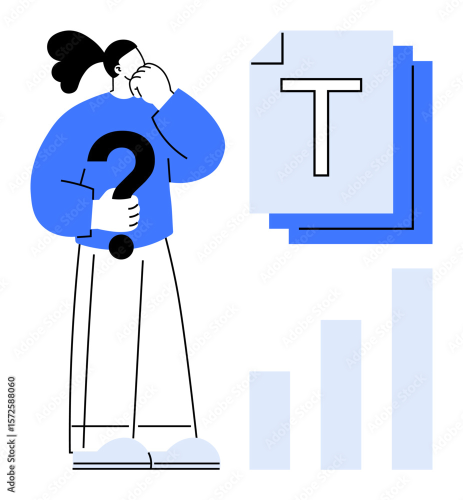 Poster person holding a question mark stands next to stacked files and a bar graph. ideal for problem-solvi