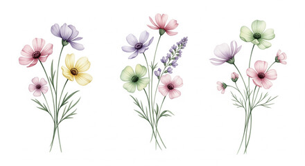 Watercolor floral illustration: A vibrant watercolor painting captures an array of delicate blooms in a spectrum of colors, creating a captivating display of natural beauty.