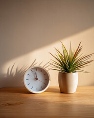 Stylish arrangement of clock and plant in sunlight