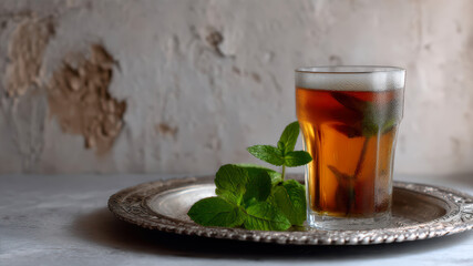 Refreshing mint tea served on a silver tray