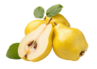 Ripe yellow quinces with green leaves isolated on white background for healthy cooking recipes