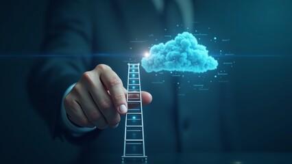 A business person grips a digital ladder for career advancement on a floating tech island. Futuristic business metaphor.