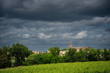 Lush green vines stretch across the vineyard in Saint-Emilion, with a distant church steeple...