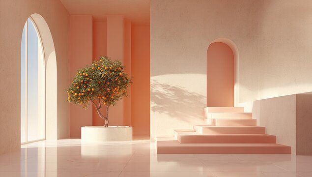 Peachy, minimalist interior with a citrus tree