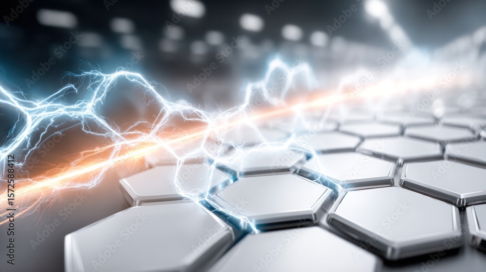 Poster electrifying energy: a dynamic interplay of electrical currents and hexagonal structures, depicting 