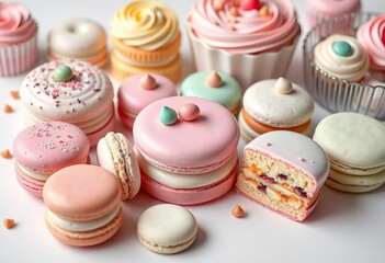 Pastel-colored dessert display with macarons, cakes, and pastries on white background,  food,   yellow