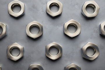 Metal nuts arranged on a concrete surface
