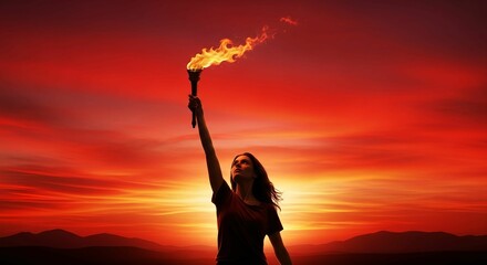 Torch of Hope — Woman Holding Fire Torch Under Glorious August Sky