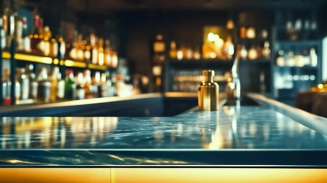 Blur shot of classic luxury counter bar drink.cocktail bartender with light gold bokeh in night background.For beverage product shot