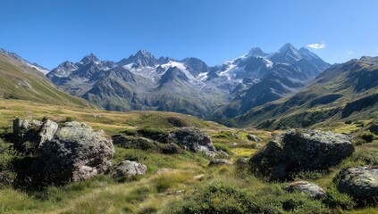 Alpine valley vista with snow-capped peaks