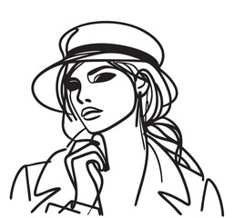 Fashion. Portrait woman in hat. Girl's face. fashion design sketch
