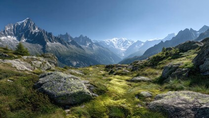 Alpine panorama. Lush mountain valley with snow-capped peaks