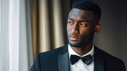 Smartly dressed man looking out of a window