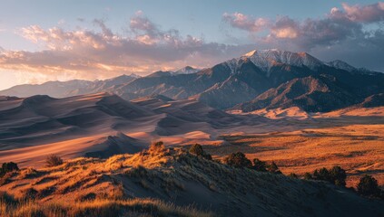 Mountain range at sunset over sand dunes