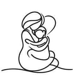 Continuous line drawing of mother and baby. Mother hugs baby sketch