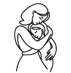 Continuous line drawing of mother and baby. Mother hugs baby sketch