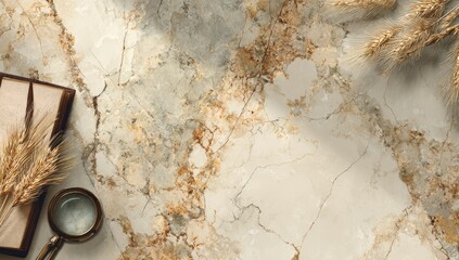 Light beige marble surface with golden veining,  dried wheat sprigs, and a magnifying glass