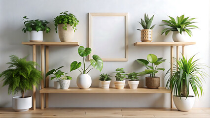 Photo of blank canvas in a wooden frame, potted plants, empty  mock up on a wooden shelf, isolated on white background