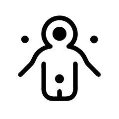 Minimal black icon of a human figure with energy centers and surrounding dots, symbolizing astral projection, spiritual energy, and metaphysical awareness.
