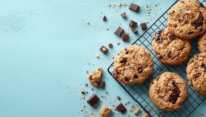 Homemade chocolate chip cookies on a wire rack, light blue background
