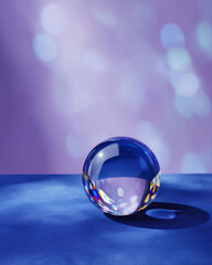 Crystal sphere reflects light on blue surface