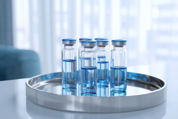 Vials of blue liquid arranged on a silver tray