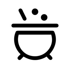 Simple black icon of a cauldron with rising bubbles and a stick, symbolizing potion making, magic, witchcraft, or Halloween themes.
