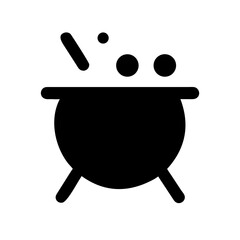 Simple black silhouette of a cauldron with rising bubbles and a stick, representing cooking, magic, Halloween, or potion themes.
