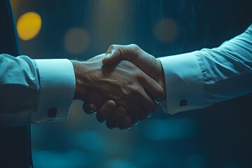 Rain-Kissed Handshake Under City Lights