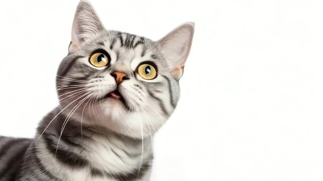 Closeup Friendly cat chewing food in mouth.Cute cat with reaction of face ,American Short Hair