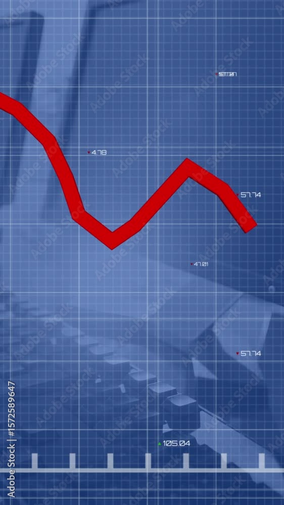 Poster animation of red graph declining with numbers over desktops and keyboards on desk at office