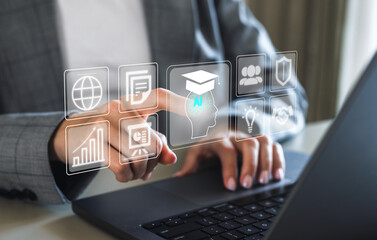 Businesswoman using AI interface for corporate training and digital education Smart technology and...