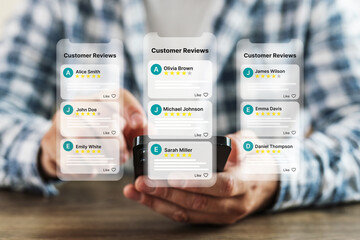 Customer rating service via smartphone app Client gives five-star review Online feedback for...