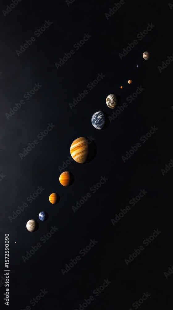 Poster planets are aligning diagonally against a dark backdrop of deep space, creating a mesmerizing cosmic