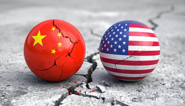 Globe showing china and usa flags breaking apart on concrete