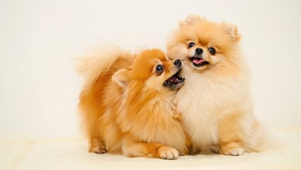 Obraz premium Two Fluffy Pomeranian Dogs Playing Together in Close Interaction