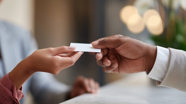 Business interaction at a reception desk showcasing a handover of a card during an important meeting in a modern office environment