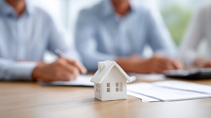 Fototapeta premium Real estate professional analyzing house expenses, calculating mortgage rates and rental costs while reviewing financial details for property transaction