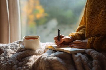 Cozy writing session by the window in autumn