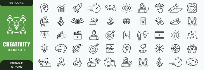  creativity line icon set. Vector pictograms of brainstorming, innovation, problem-solving, abstract thinking, insight, imagination thin linear illustration