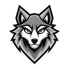 Stylized grayscale wolf head displays simple yet intimidating geometric features on a white backdrop
