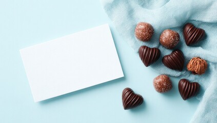 Blank card with assorted chocolates on light blue