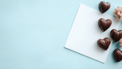 Heart-shaped chocolates on light blue background with blank card