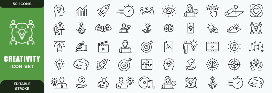  creativity line icon set. Vector pictograms of brainstorming, innovation, problem-solving, abstract thinking, insight, imagination thin linear illustration