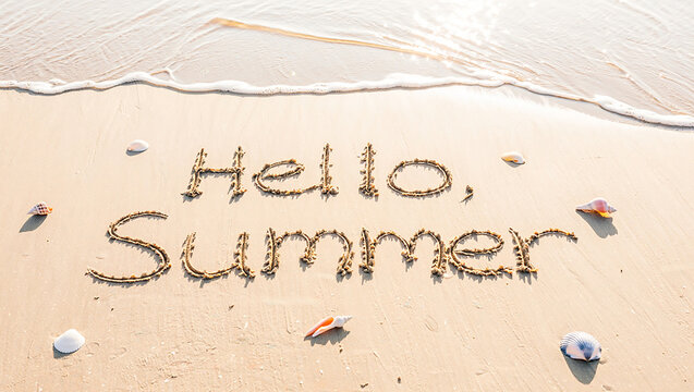 Hello summer written in sand with seashells and gentle waves lapping the shore